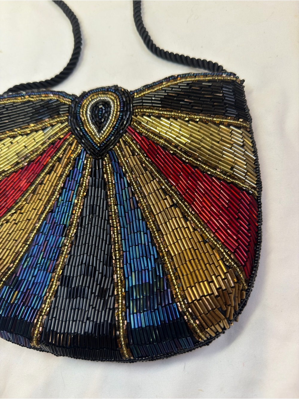 Multicolor Beaded Fan-Panel Crossbody Bag with Black Rope Strap - Picture 2 of 9
